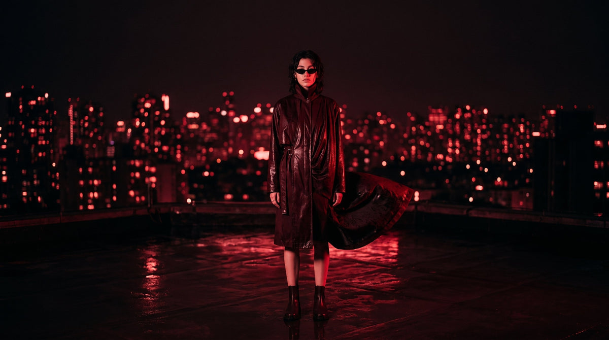 Raven Trench on a rooftop at night