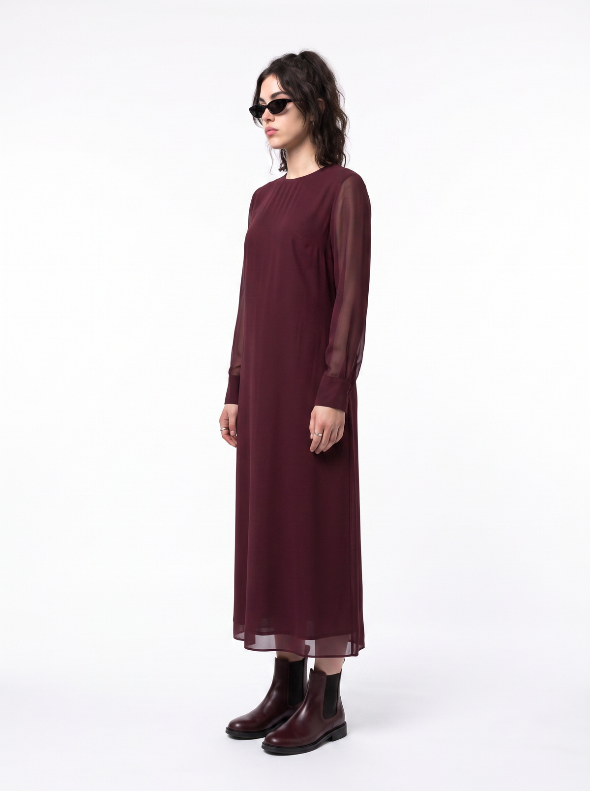 Chiffon Column - Oxblood Burgundy - side model