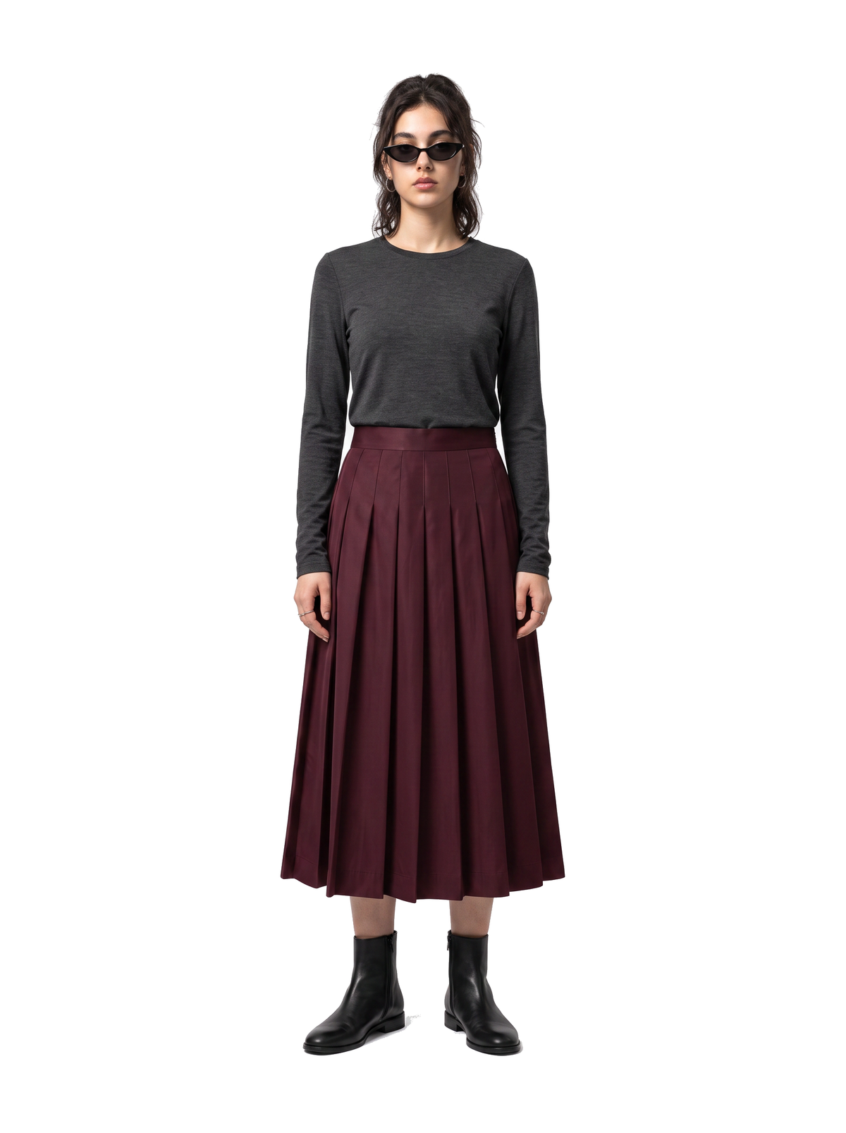 Pleated Midi - Oxblood Burgundy - full model
