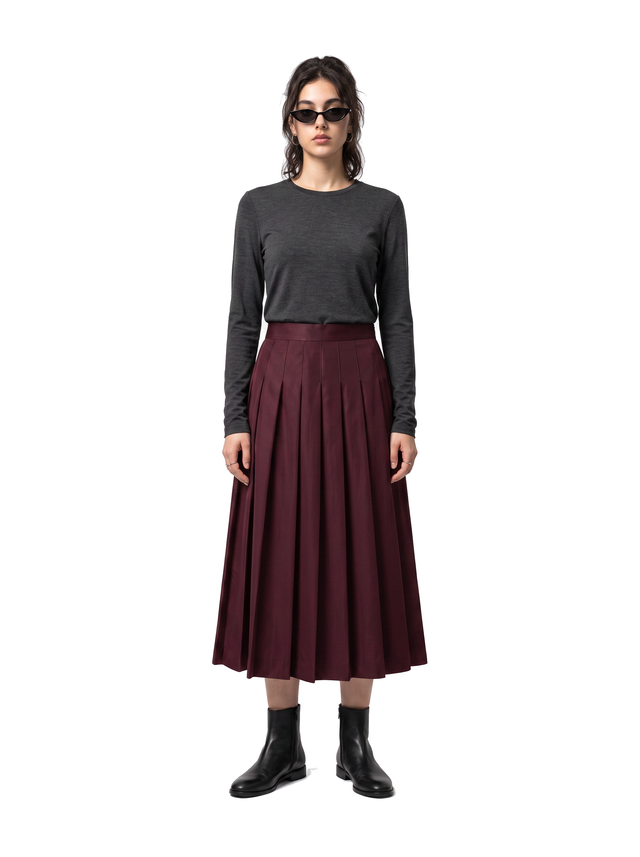 Pleated Midi - Oxblood Burgundy - full model