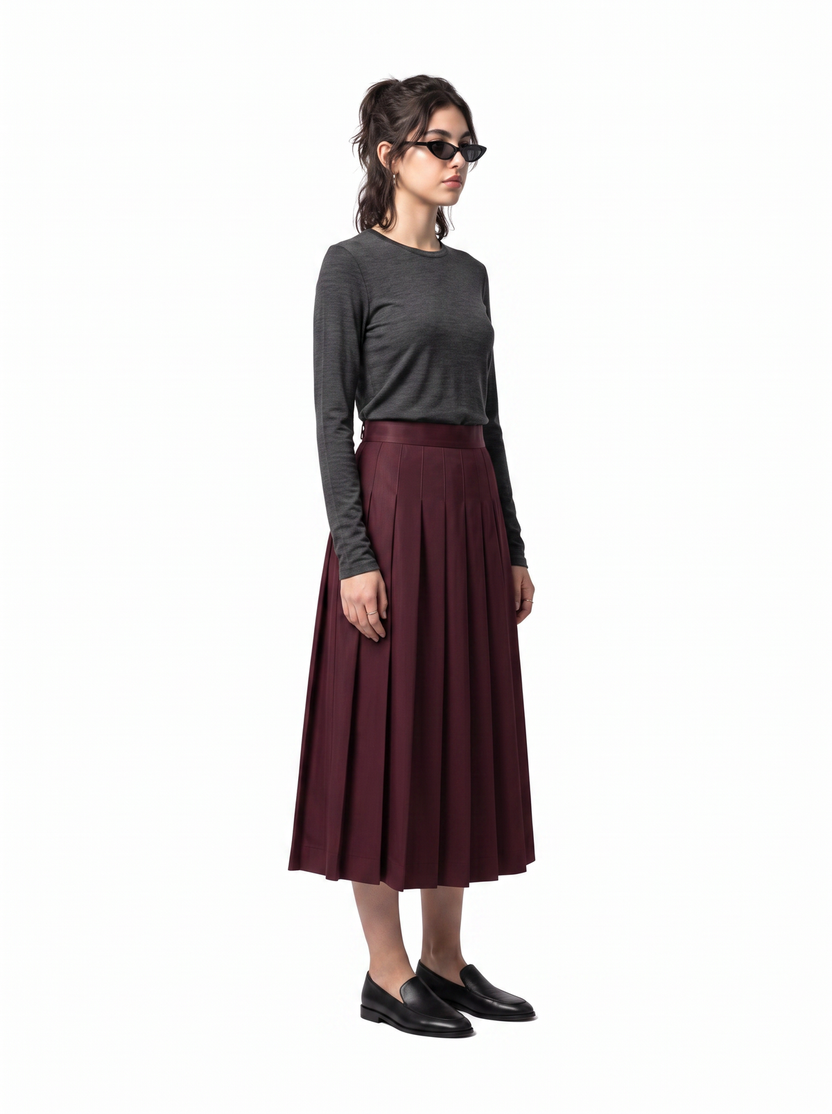 Pleated Midi - Oxblood Burgundy - side model