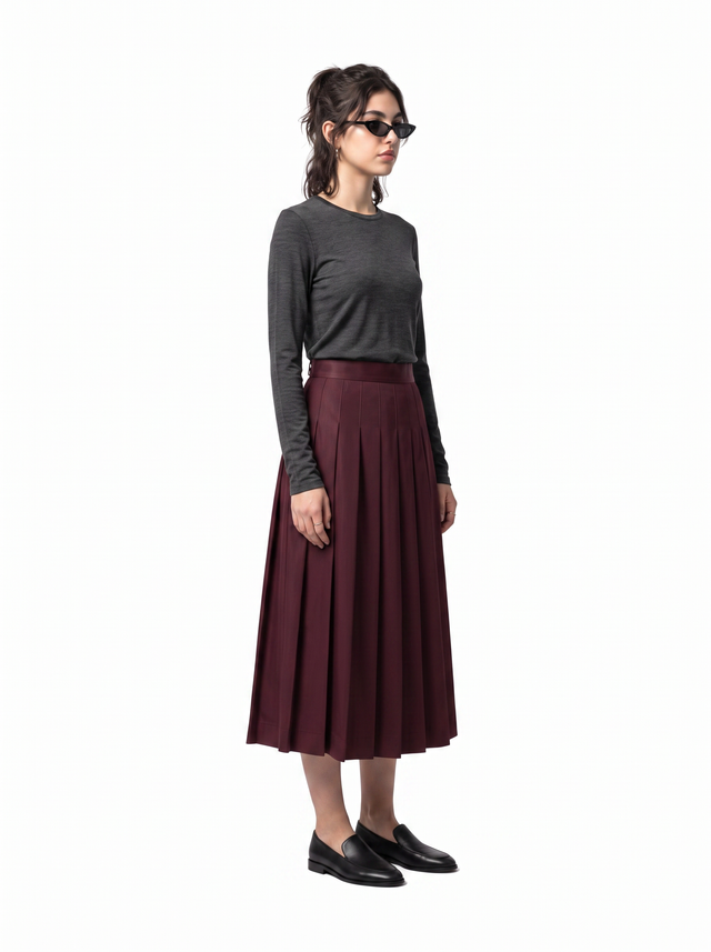 Pleated Midi - Oxblood Burgundy - side model