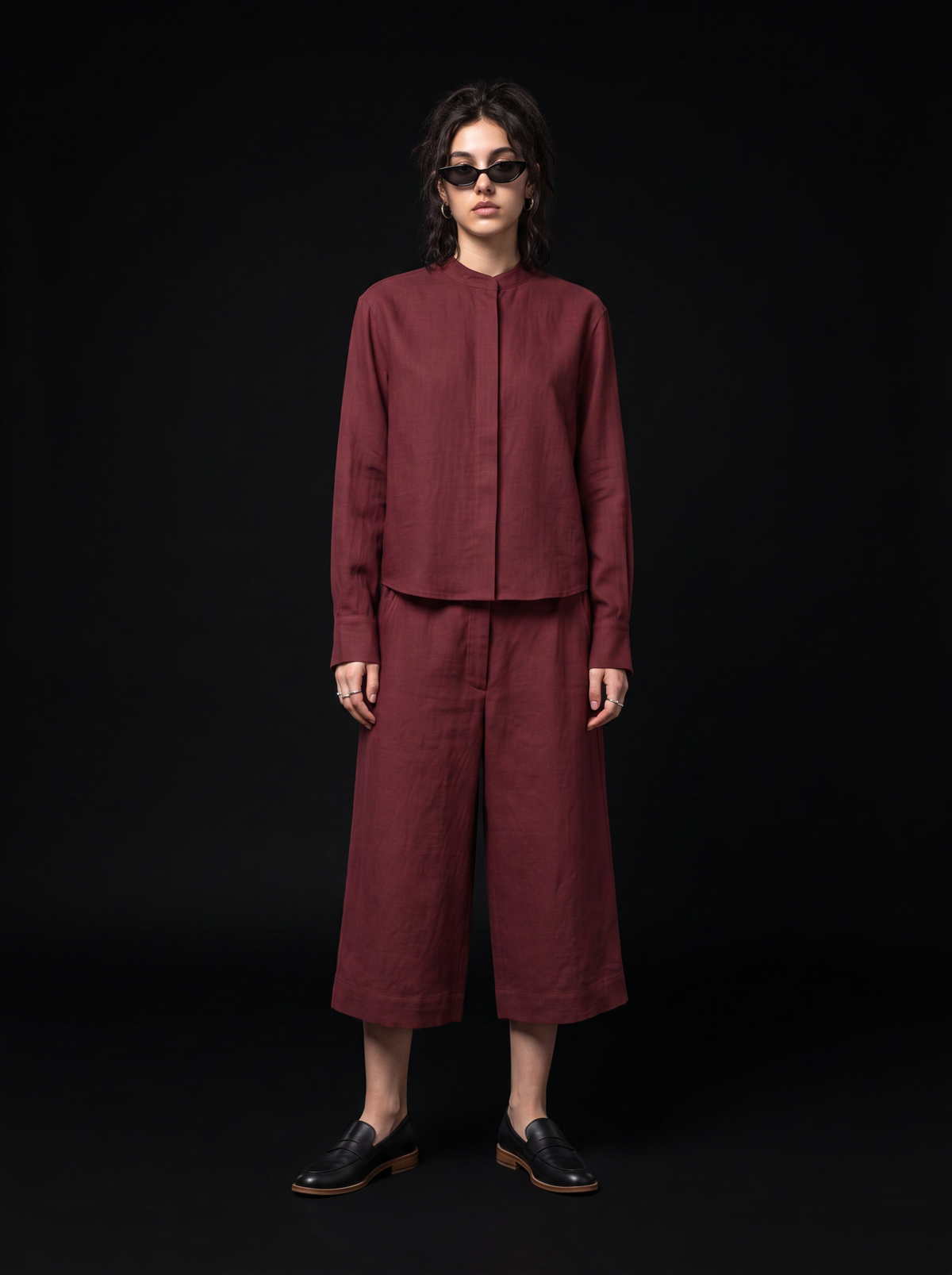 Slouchy Culottes - Oxblood Burgundy - full model